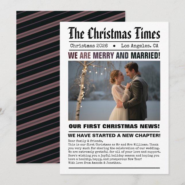 Newlywed Our First Christmas Newspaper Style Photo Holiday Card (Front/Back)