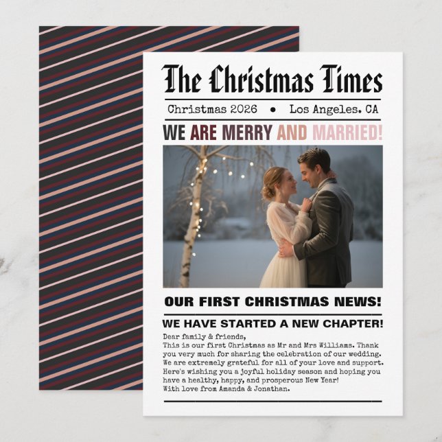Newlywed Our First Christmas Newspaper Style Photo Holiday Card (Front/Back)