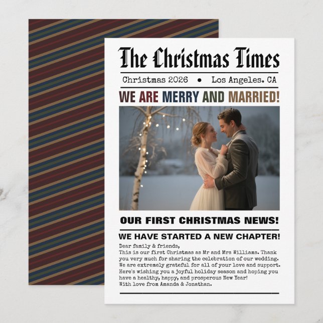 Newlywed Our First Christmas Newspaper Style Photo Holiday Card (Front/Back)
