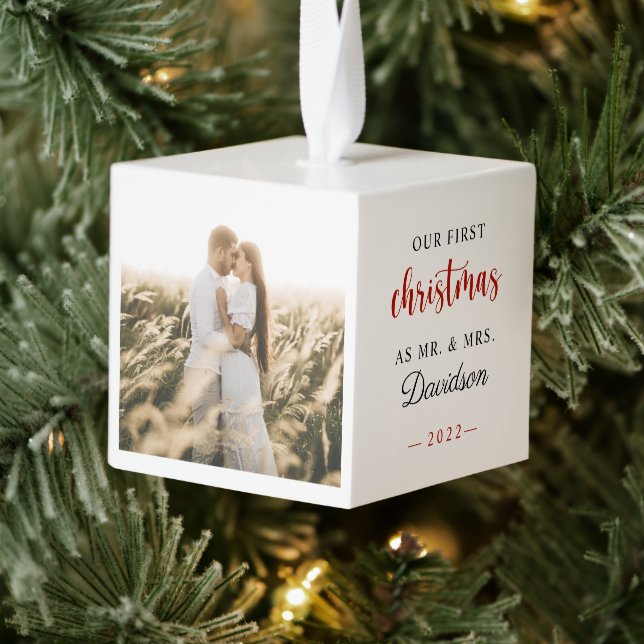 Newlywed Our First Christmas Wedding Photo Cube Or Cube Ornament (Tree)