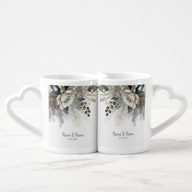 Newlywed Party Silver Golden White Roses Flowers Coffee Mug Set (Front Nesting)