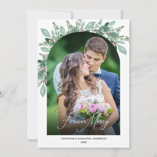 Newlywed Photo Arch Forever Merry Greenery Holiday Card