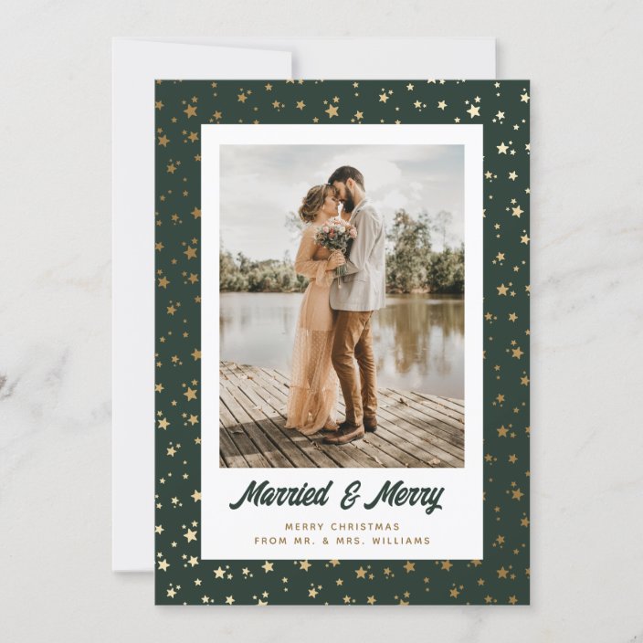 Newlywed Photo Christmas Green Gold Script