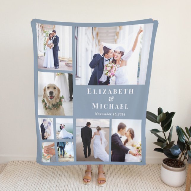 Newlywed Photo Collage Dusty Blue Wedding Fleece Blanket (Creator Uploaded)