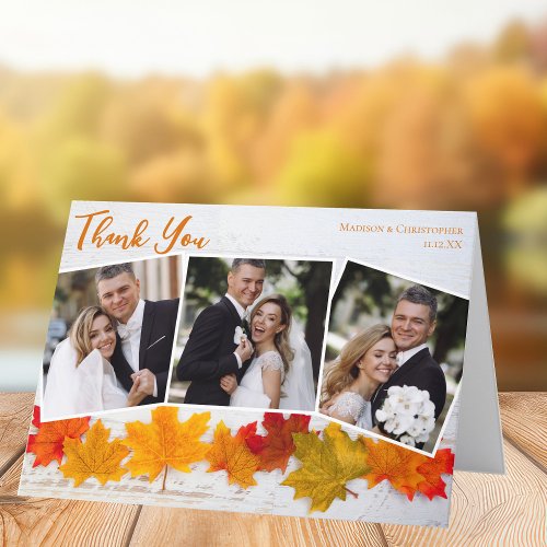 Newlywed Photo Collage Orange Autumn Leaf Wedding Thank You Card
