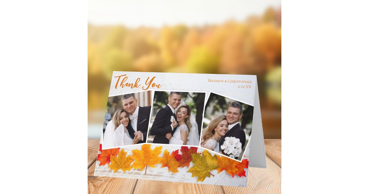 Newlywed Photo Collage Orange Autumn Leaf Wedding Thank You Card | Zazzle