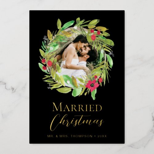 Newlywed Photo Gold Black Married Christmas Wreath Foil Holiday Card