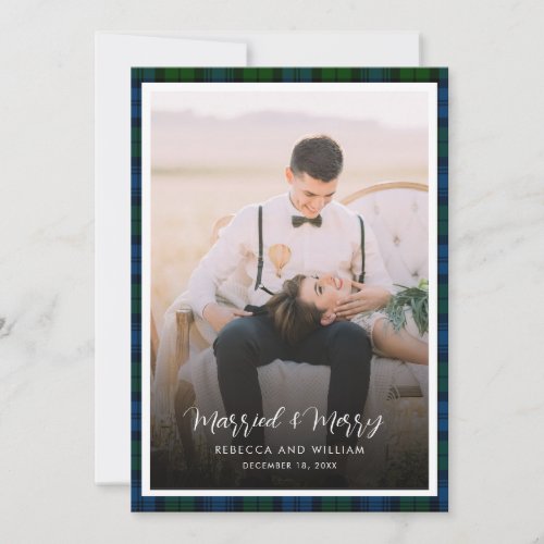 Newlywed Photo Married and Merry Campbell Tartan Holiday Card