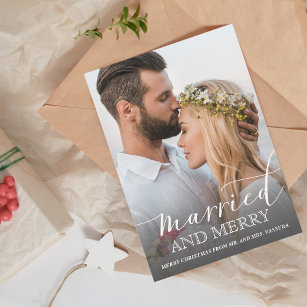 Newlywed Photo Married and Merry Gray Ombre Holiday Card