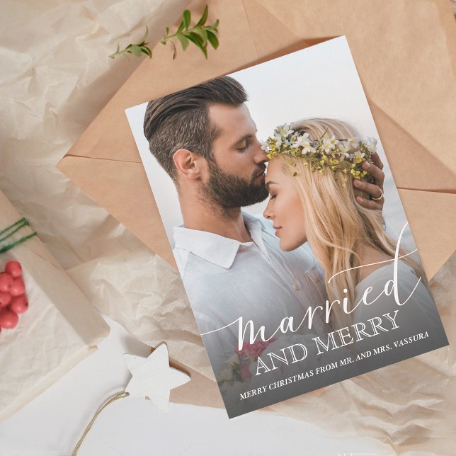 Newlywed Photo Married and Merry Gray Ombre Holiday Card (Newlywed Photo Married and Merry Gray Ombre Holiday Card)