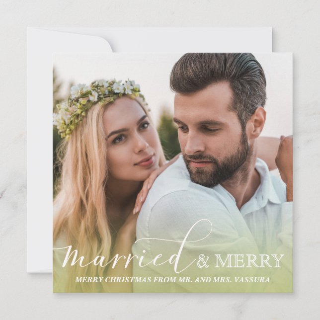 Newlywed Photo Married and Merry Green Ombre Holiday Card (Front)