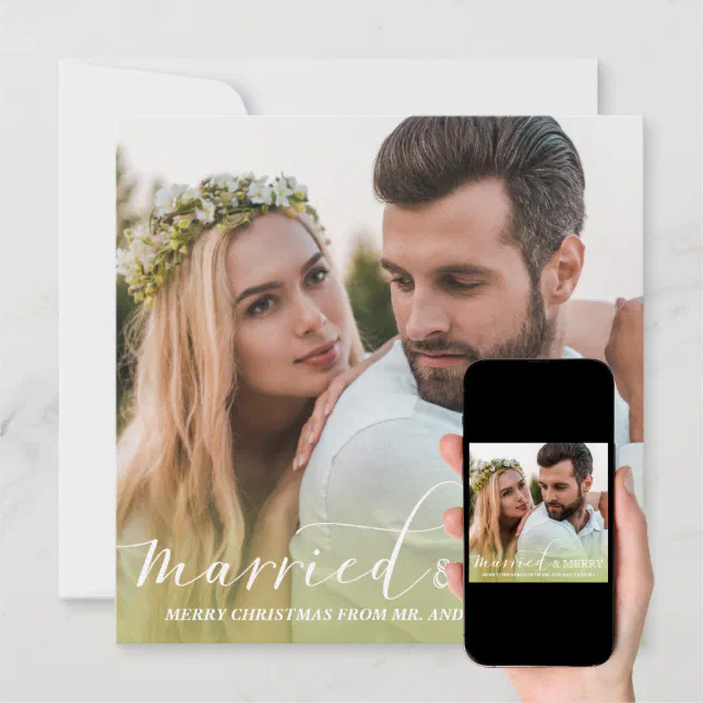 Newlywed Photo Married and Merry Green Ombre Holiday Card Zazzle