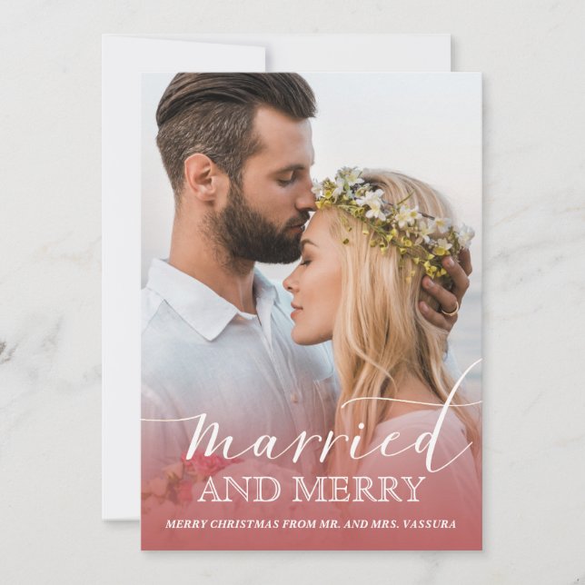 Newlywed Photo Married and Merry Red Ombre Holiday Card (Front)