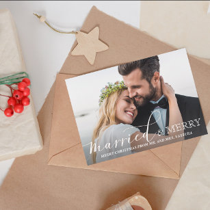 Newlywed Photo Married and Merry Watercolor Wreath Holiday Card