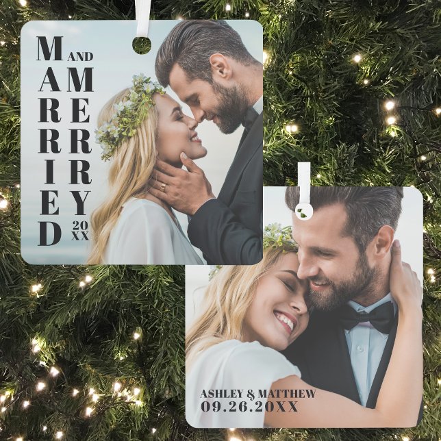 Newlywed Photo Married Merry Christmas Metal Ornament (Simple Elegant Photo Married Merry Christmas Metal Ornament)