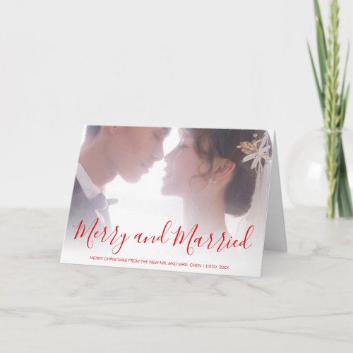 Newlywed Photo Red Script Christmas Holiday Card