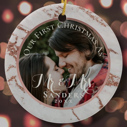 Newlywed Photo Rose Gold Glitter Marble Christmas Ceramic Ornament
