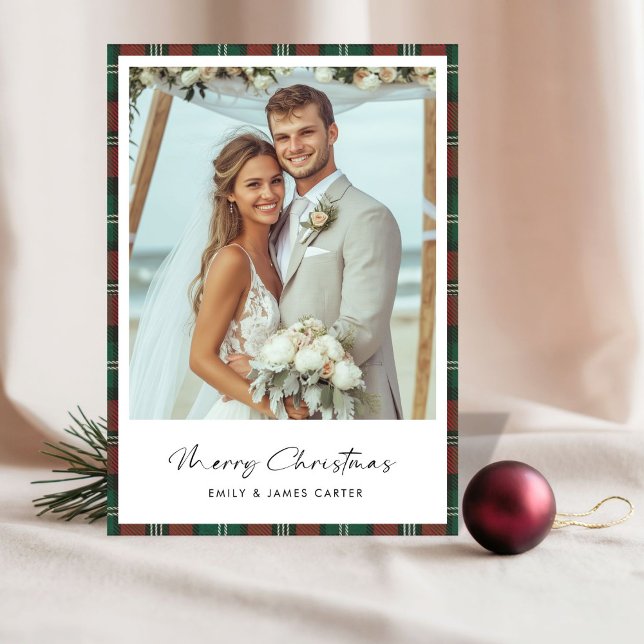 Newlywed Plaid Just Married Christmas Wedding Holiday Card (Creator Uploaded)