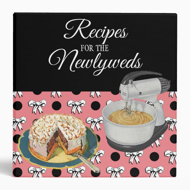 Newlywed Recipe Book Vintage Polka Dots Bows Pink 3 Ring Binder (Front)