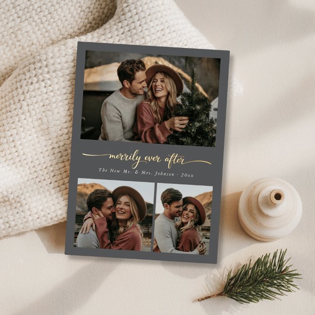 Newlywed Script Merrily Ever After Photo Gold Foil Holiday Card (Creator Uploaded)