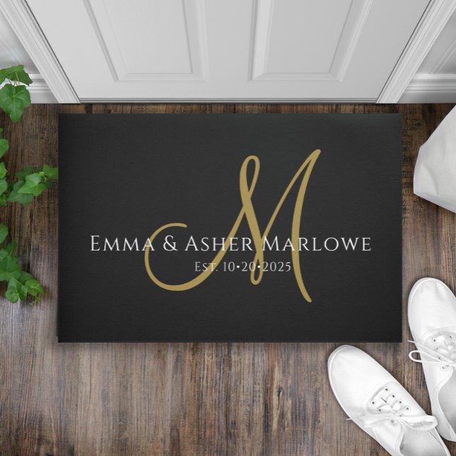 Newlywed Script Monogram Black Gold Family Name Doormat (Creator Uploaded)