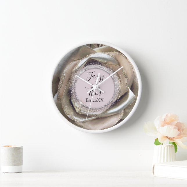 Newlywed Silver Rose Petals Personalized  Clock (Home)