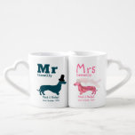 Newlywed Surname Mr and Mrs Dachshund Dog Funny Coffee Mug Set<br><div class="desc">An adorable wedding gift keepsake mug for that special newlywed couple or a cute anniversary memento. Two funny cartoon Bride and Groom Dachshund sausage dogs in pink and blue and elegant Mr and Mrs script. The same design repeats on the front and the back of the mugs. Easily change the...</div>