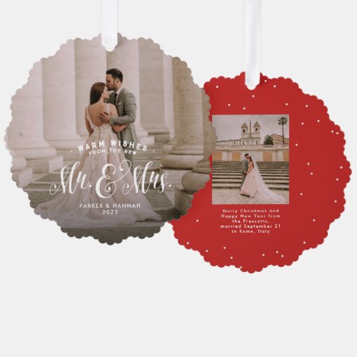 Newlywed two photo elegant Christmas wedding  Ornament Card