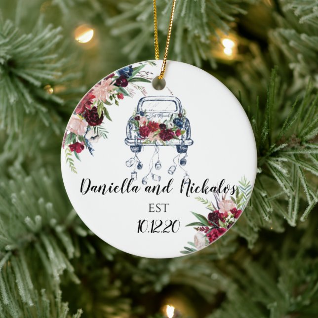 Newlywed Vintage Car Just Married Ceramic Ornament (Tree)