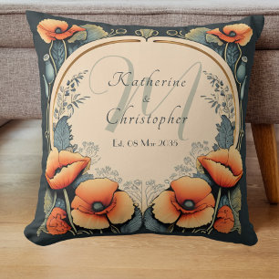 Newlywed Vintage Floral Monogram Poppy Art Nouveau Throw Pillow