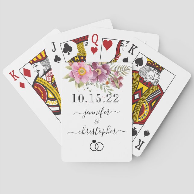 NEWLYWED Wedding Date with Names, Pink Florals Poker Cards (Back)