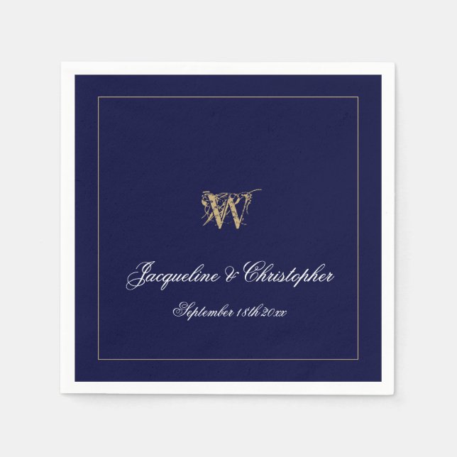 Newlywed/Wedding Gift Monogram Chic Navy Paper     Napkins (Front)