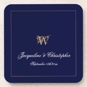 Newlywed/Wedding Gift Monogram Names Chic Navy Beverage Coaster