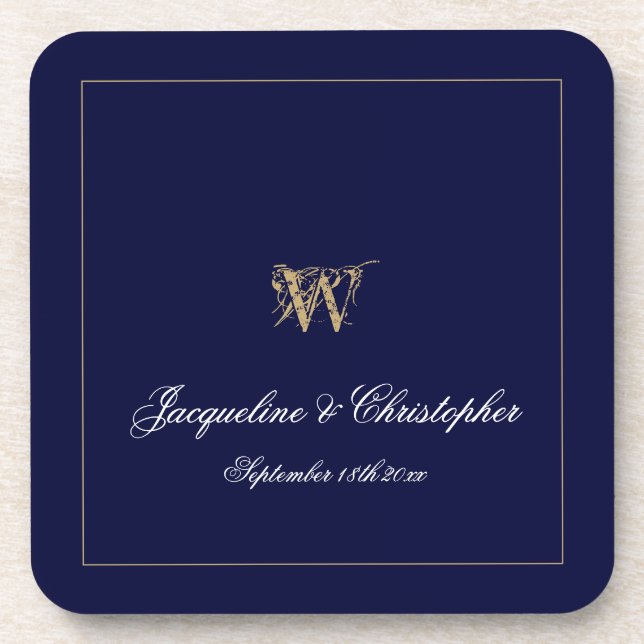 Newlywed/Wedding Gift Monogram Names Chic Navy Beverage Coaster (Front)