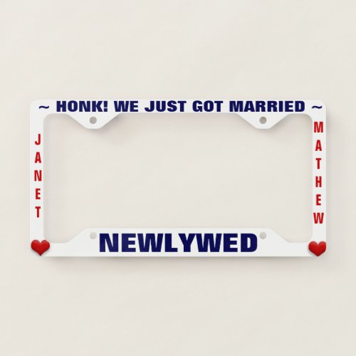 Newlywed Wedding Honeymoon with Hearts License Plate Frame
