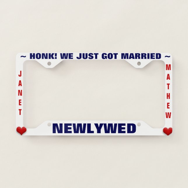 Newlywed Wedding Honeymoon with Hearts License Plate Frame (Front)