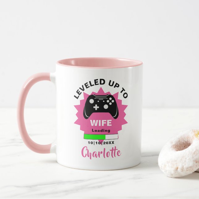 Newlywed Wife Gift Leveled Up Gamer Fun Mug (With Donut)