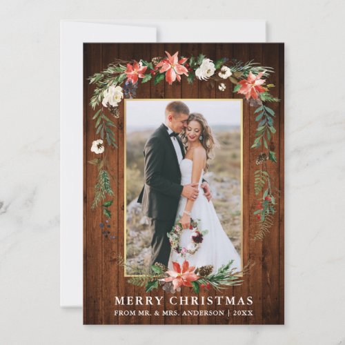 Newlywed Wood Gold Watercolor Winter Floral Holiday Card