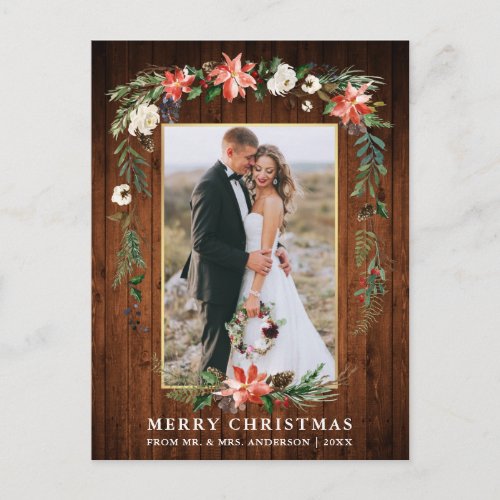 Newlywed Wood Gold Watercolor Winter Floral Postcard