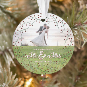 Newlyweds 1st Christmas Mr & Mrs Holly Photo Ornament