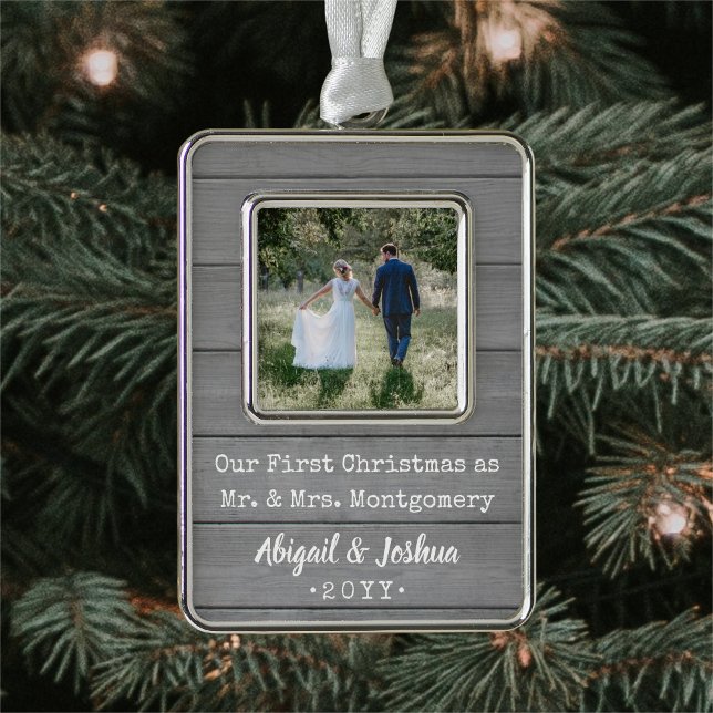 Newlyweds 1st Xmas Photo Rustic Faux Gray Wood Christmas Ornament (Creator Uploaded)