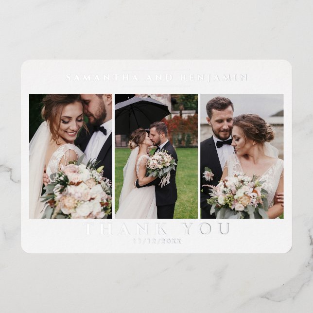 Newlyweds 3 Photo Wedding Thank You Silver Foil Invitation (Front)