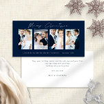 Newlyweds 4 Photos Navy Merry Christmas Holiday Card<br><div class="desc">Newlyweds 4 Photos White Script Navy Blue Merry Christmas. Available digitally and printed. Modern and minimalist,  with a stylish set script for Merry Christmas. Replace the sample pictures with your own wedding favorites and personalise the rest of the words on each side as required.</div>