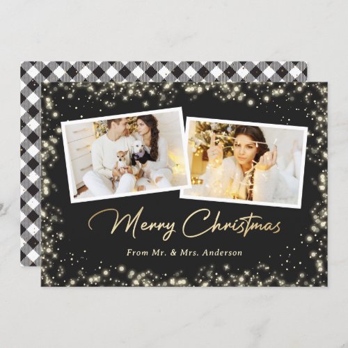 Newlyweds Black White Gold Plaid Photo Christmas Holiday Card