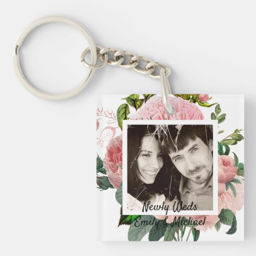 Newlyweds Blush Pink Roses Botanical Floral PHOTO Keychain