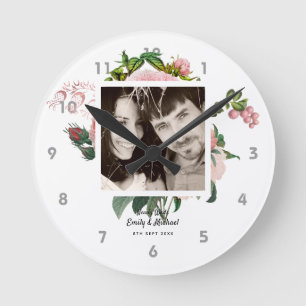 Newlyweds Blush Pink Roses Botanical Floral PHOTO Round Clock