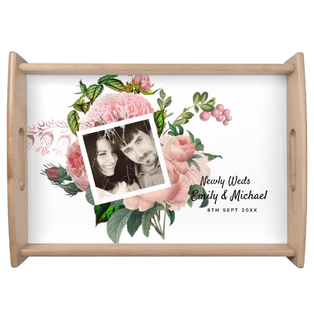 Newlyweds Blush Pink Roses Botanical Floral PHOTO Serving Tray (Front)
