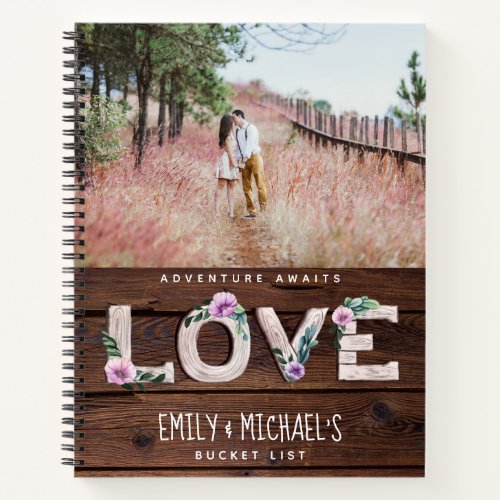 Newlyweds BUCKET LIST Photo Rustic Purple Floral Notebook