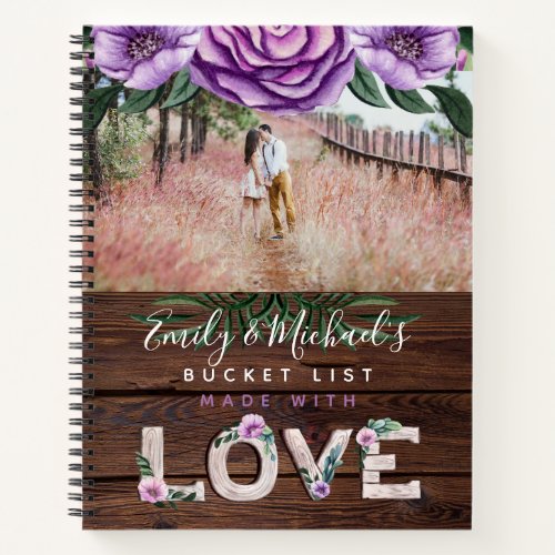 Newlyweds BUCKET LIST Photo Rustic Purple Floral Notebook