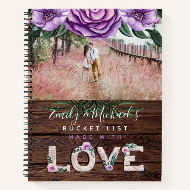 Newlyweds BUCKET LIST Photo Rustic Purple Floral Notebook (Front)